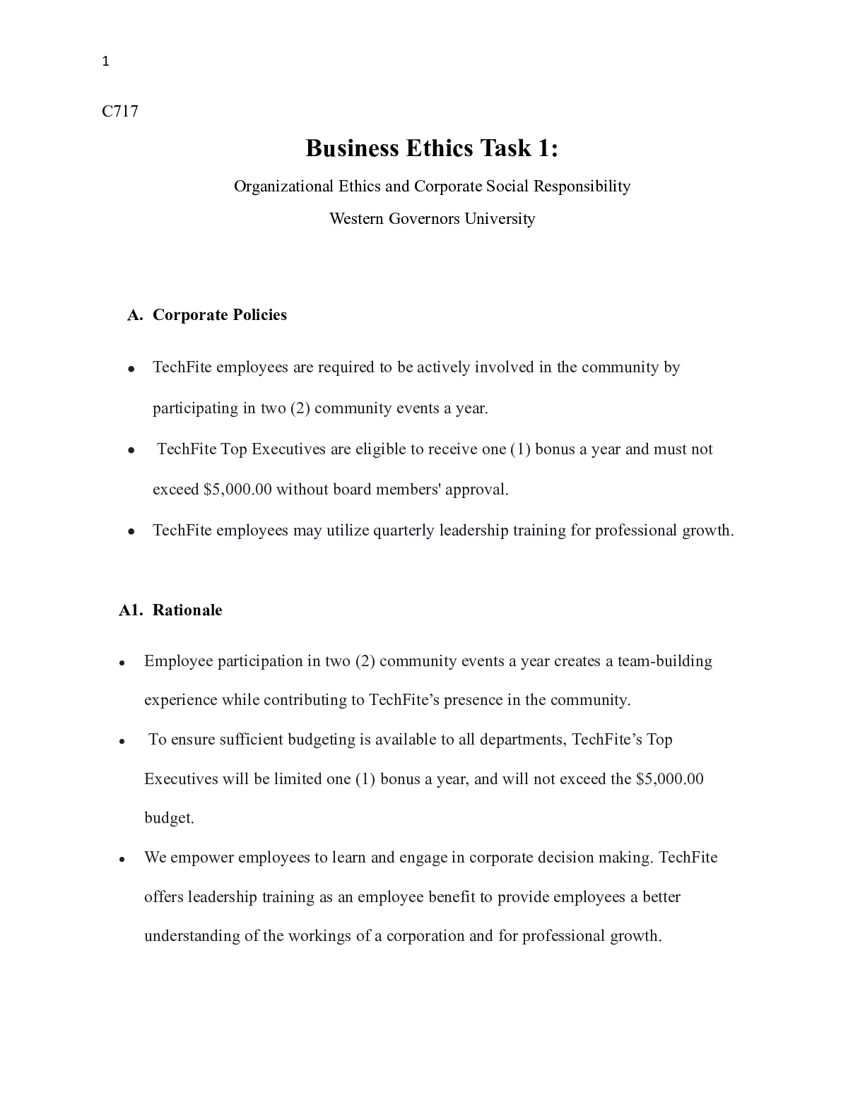 Preview of C717_Task_1.docx  C717  Business Ethics Task 1:  Organizational Ethics and Corporate Socia